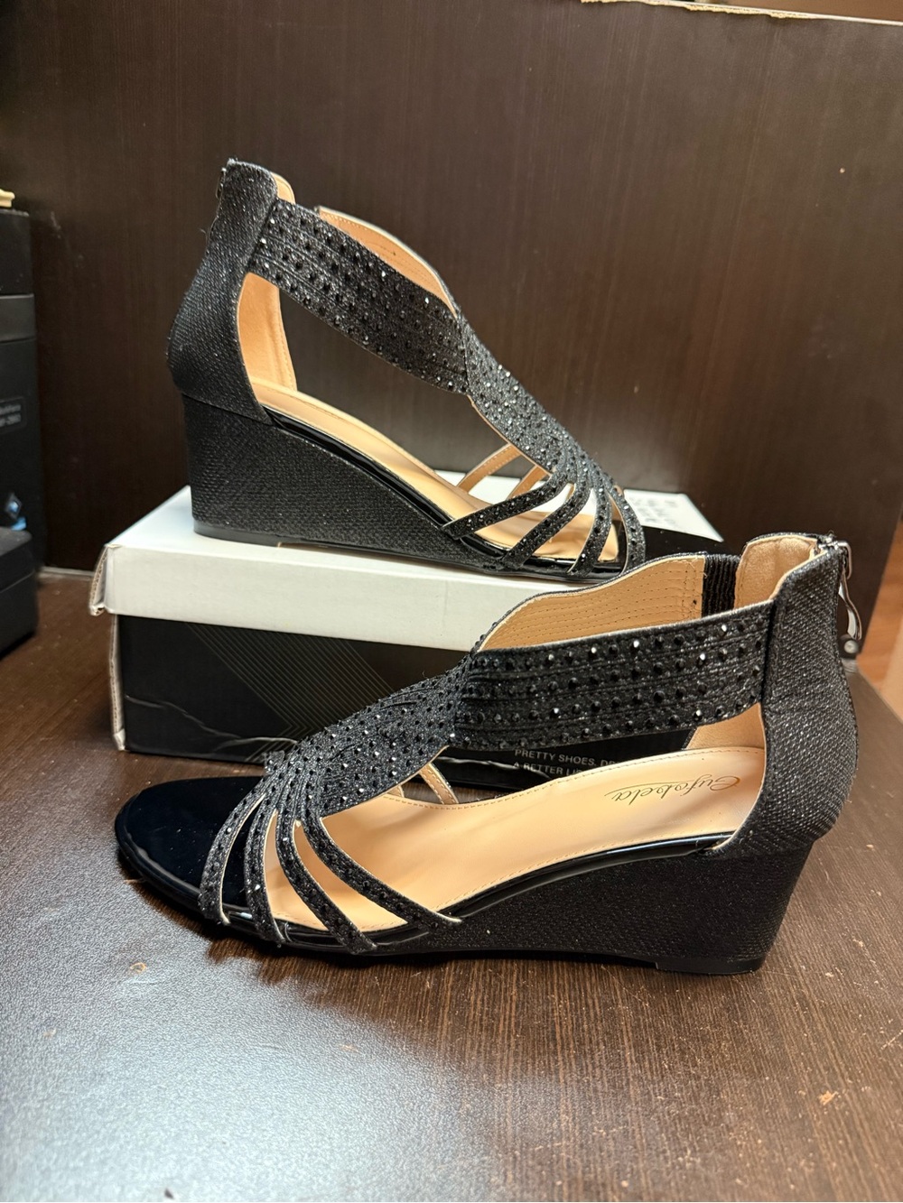 Sparkle Black Wedge Sandals with Strappy Crystal Accent